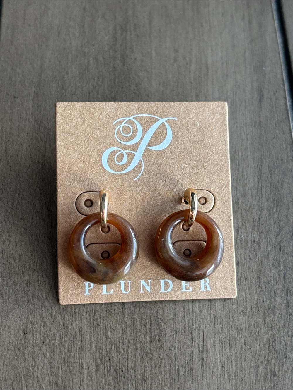 769. Plunder Warm Brown Resin Hoop Earrings with Gold Tone Rings